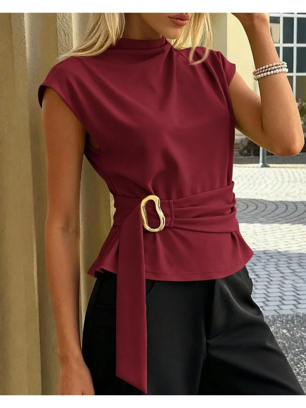 Women's Burgundy Sleeve Mock Neck Casual Buckle Belted Tunic Top Blouse T-Shirt - Picture 6 of 6